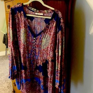 🍂 A BEAUTIFUL SOUL NAVY PAISLEY BOHO LOOSE FIT DRESS 2xl flare sleeves buttons